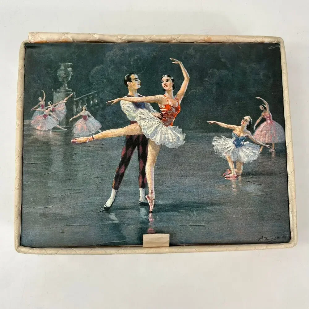 Vintage Quilted Satin Ballet Dancer Jewelry Box August Albo Print Lid 9.5